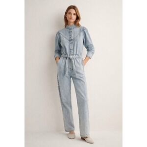 MNG Denim Jumpsuit Women's XS Light‎ Wash Tie Waist Button Front Western NWT